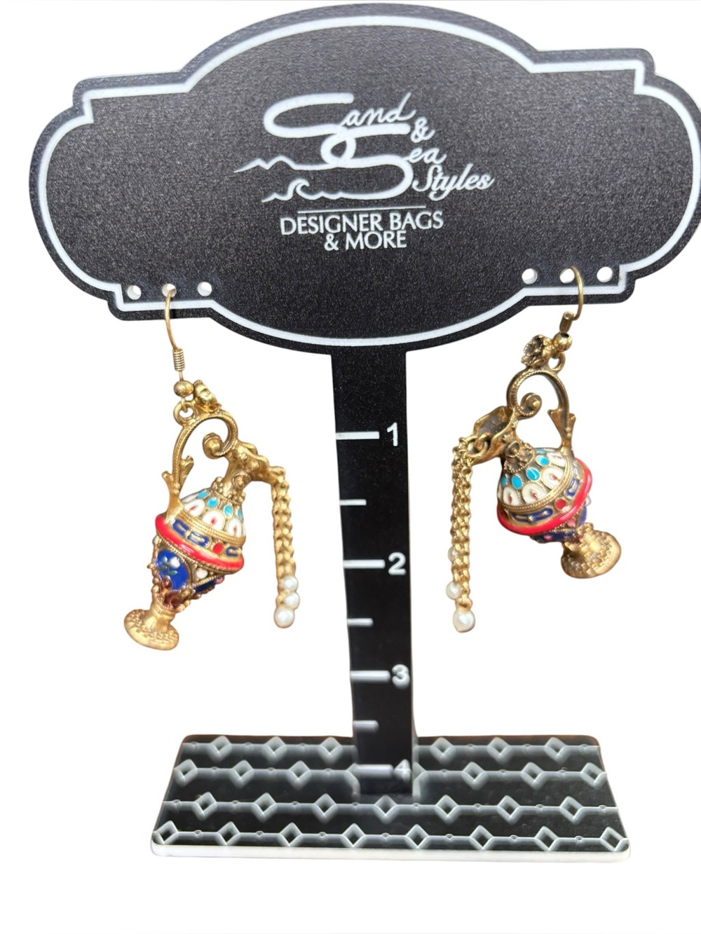 Vintage Cloisonné Enamel Lantern Dangle Earrings | Gold Tone